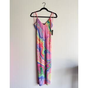 AFRM Rainbow Multicolor Abstract Marble Amina Mesh Midi Dress Festival NWT
